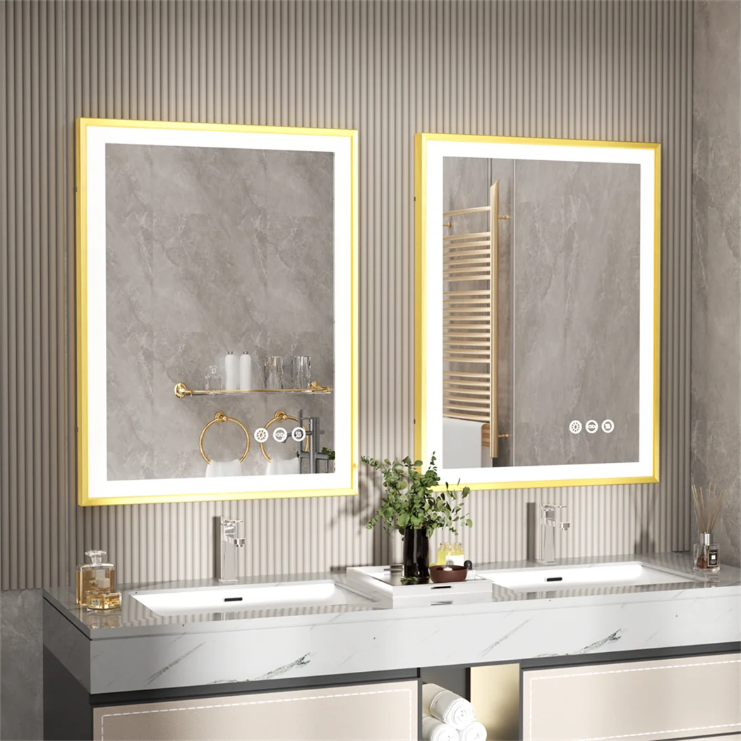 LUVODI Illuminated Bathroom Mirror Gold Frame Wall Mounted Bathroom Vanity Mirror with LED Lights 3 Color Dimming Defog