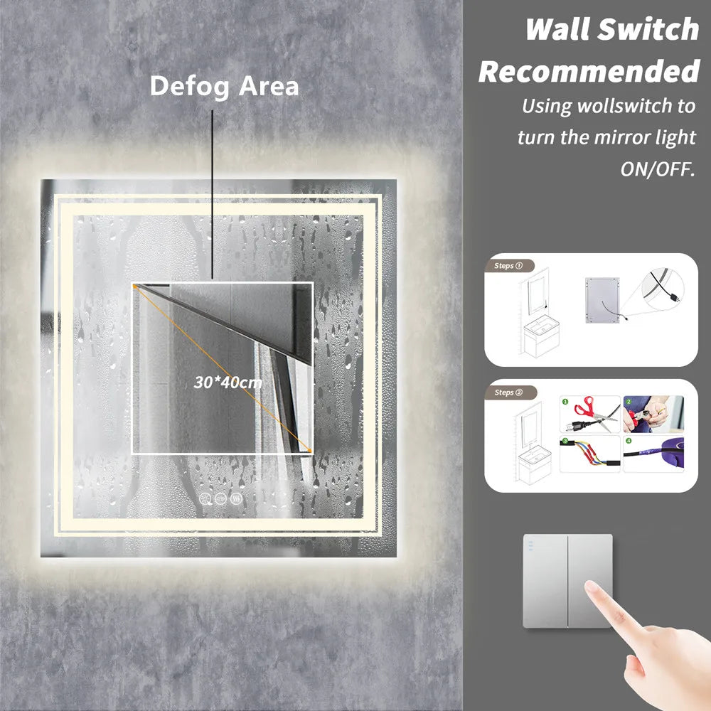 LUVODI Square Illuminated Wall Bathroom Mirror with LED Lights Dimmable Defog Mirror on Sink