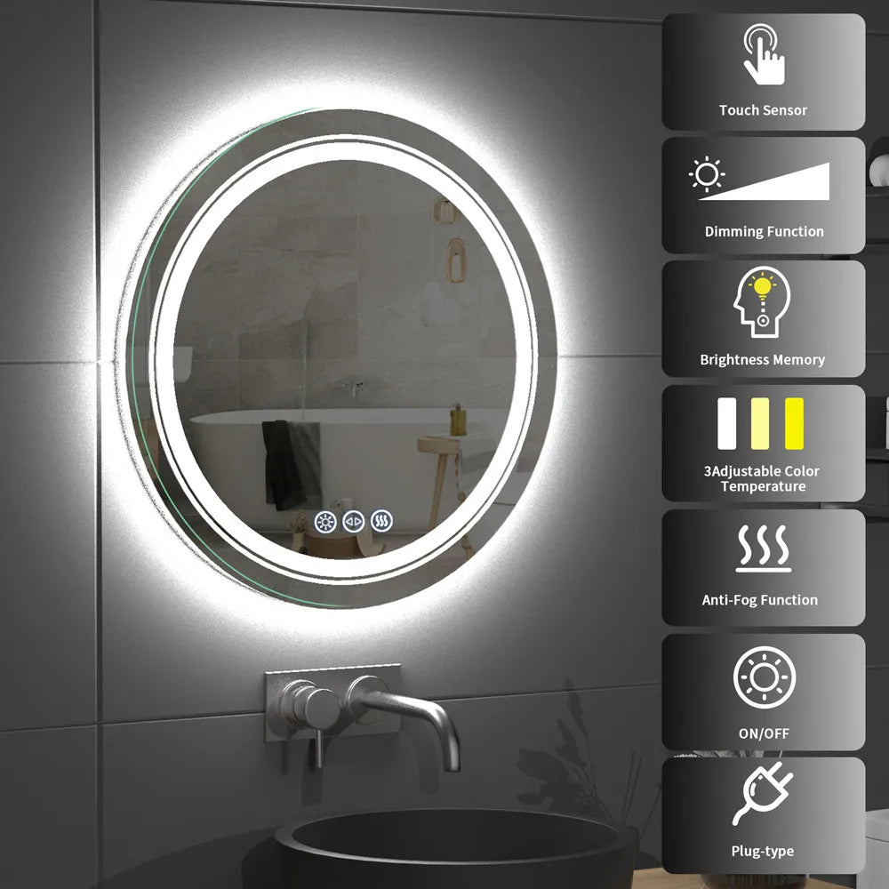 LUVODI Smart Illuminate LED Mirror for Bathroom Round Waterproof Washroom Toliet Wash Basin Bath Shower Fogless Mirror