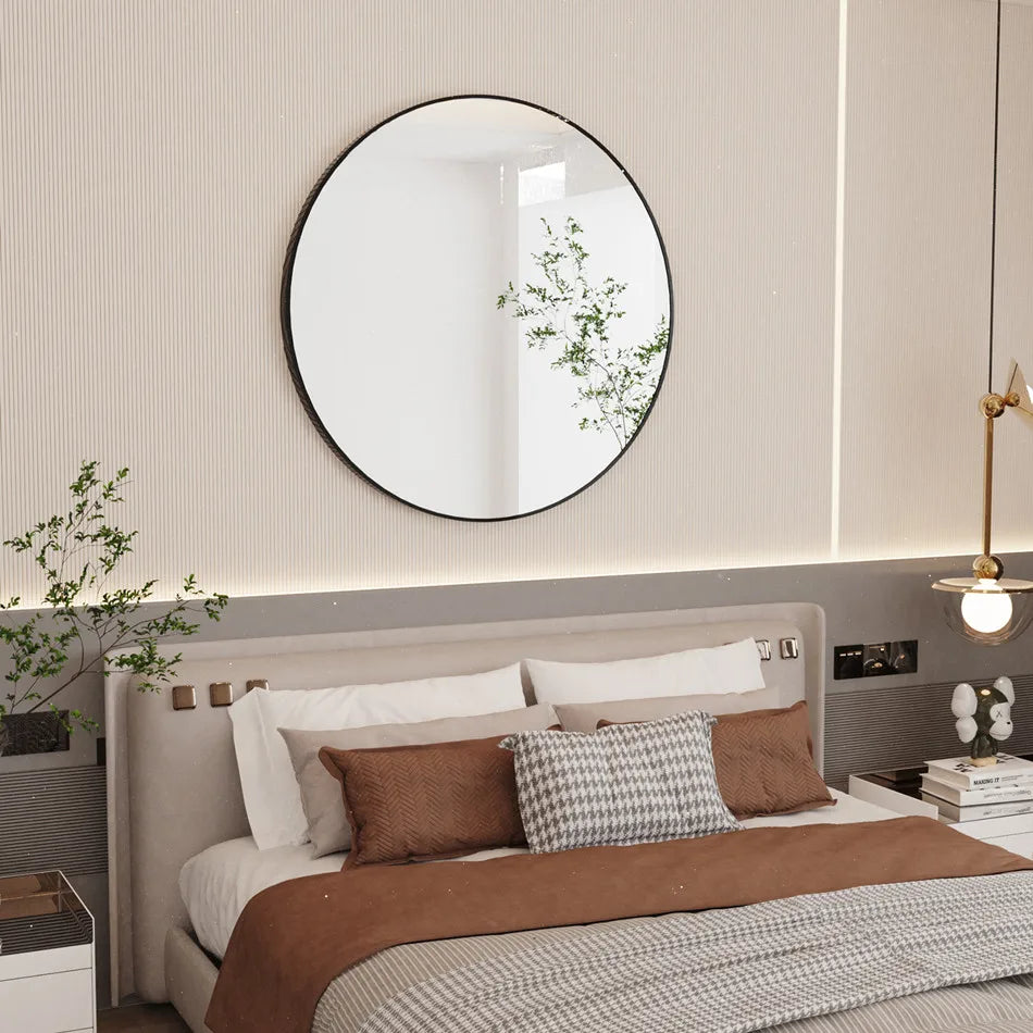 LUVODI Round Metal Framed Mirror for Living Room Decorative Modern Black Wall-mounted Vanity Dressing Mirror