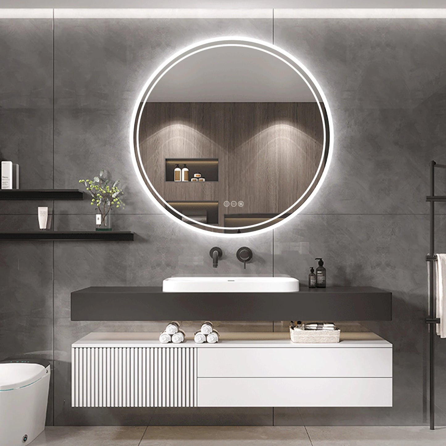 LUVODI Intelligent Illuminate Big Round Mirror for Bathroom Touch Screen Dimmable Anti-fog Bathroom LED Light Mirror