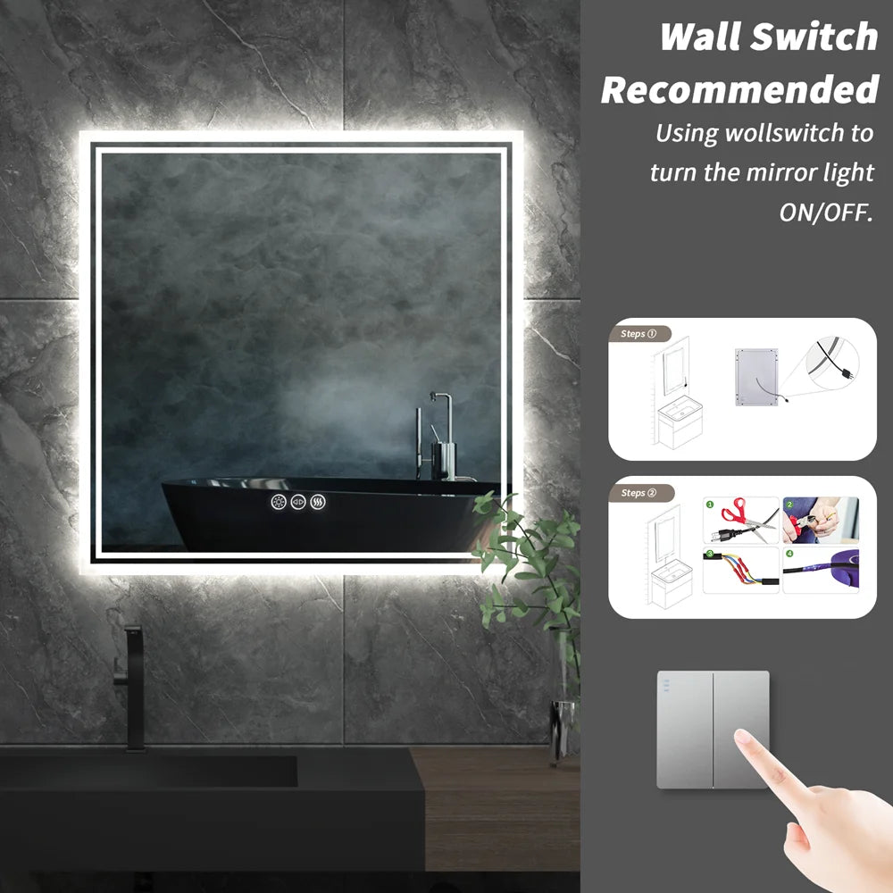 LUVODI Wall Mounted Mirror for Bathroom Square LED Lighted Toilet Washroom Sink Dimming Defog Mirror for Shower Shaving Makeup