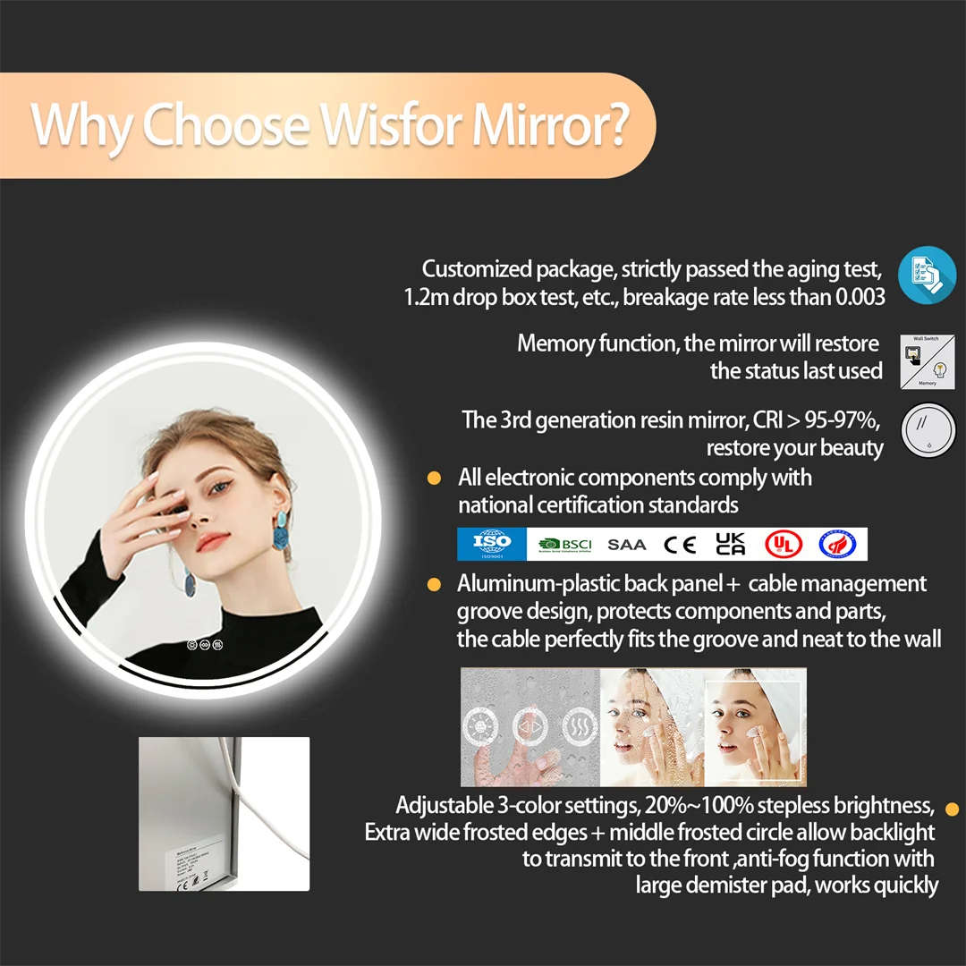 LUVODI Smart Illuminate Large Round Mirror for Bathroom Touch Screen Dimmable Anti-fog Bathroom LED Light Mirror