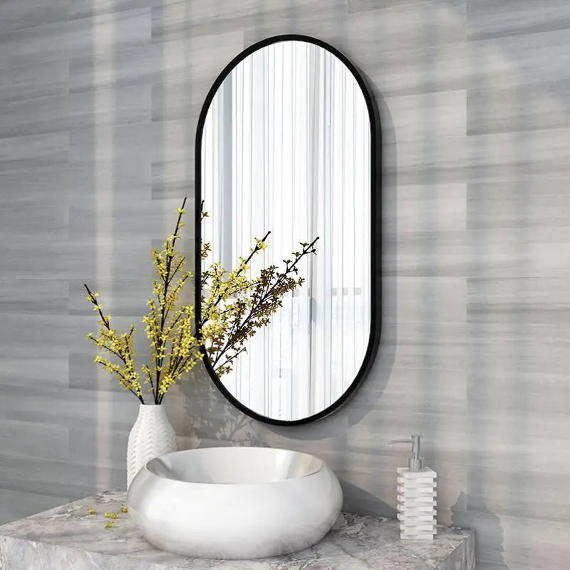 LUVODI Modern Black Metal Framed Dressing Mirror Oval Bathroom Vanity Mirror for Wall