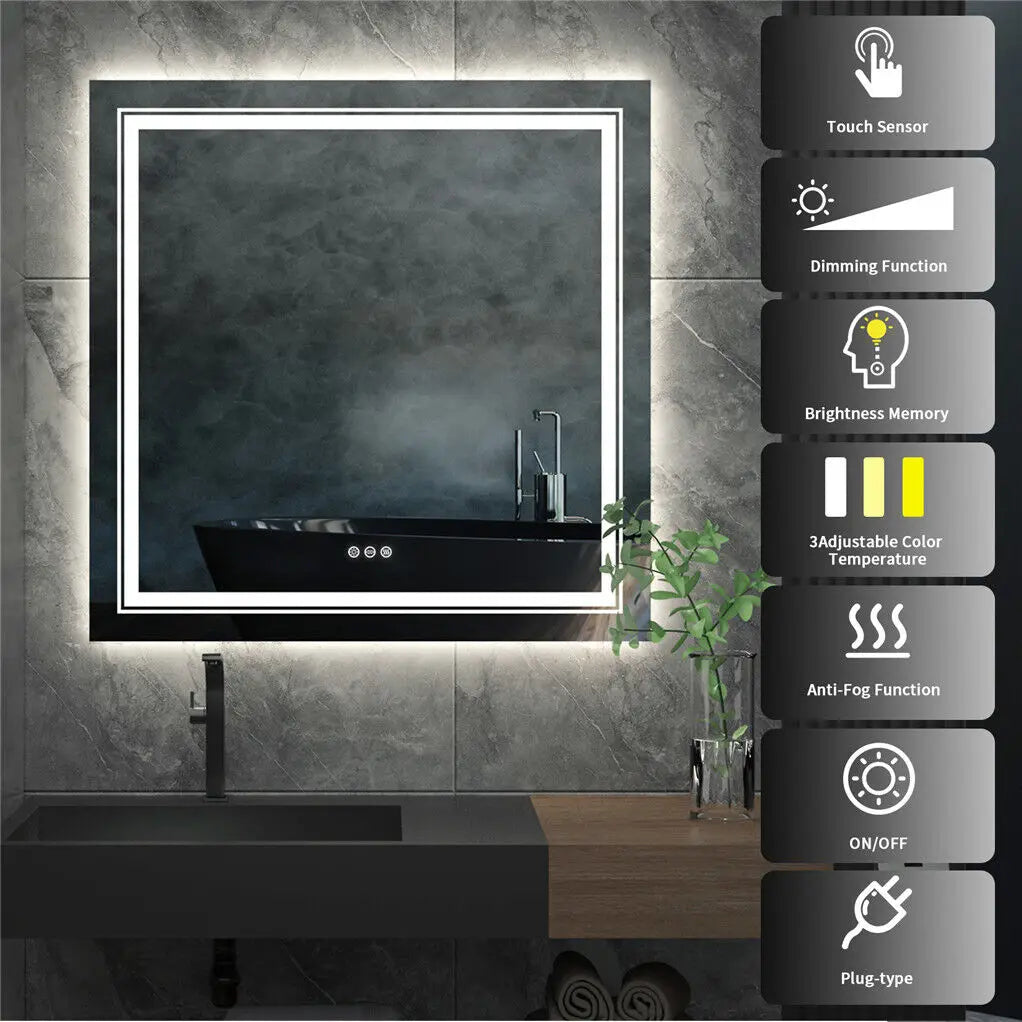 LUVODI Square Illuminated Wall Bathroom Mirror with LED Lights Dimmable Defog Mirror on Sink