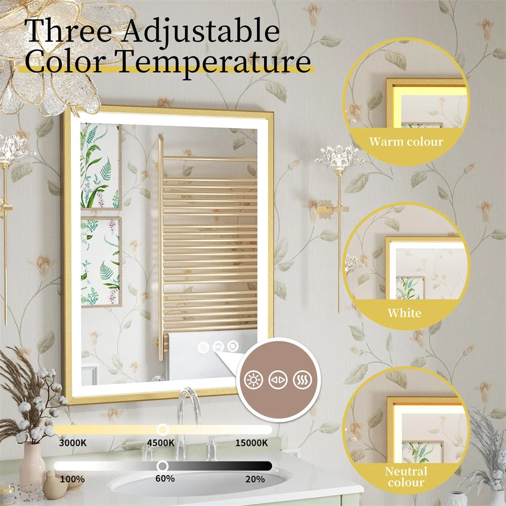 LUVODI Illuminated Bathroom Mirror Gold Frame Wall Mounted Bathroom Vanity Mirror with LED Lights 3 Color Dimming Defog