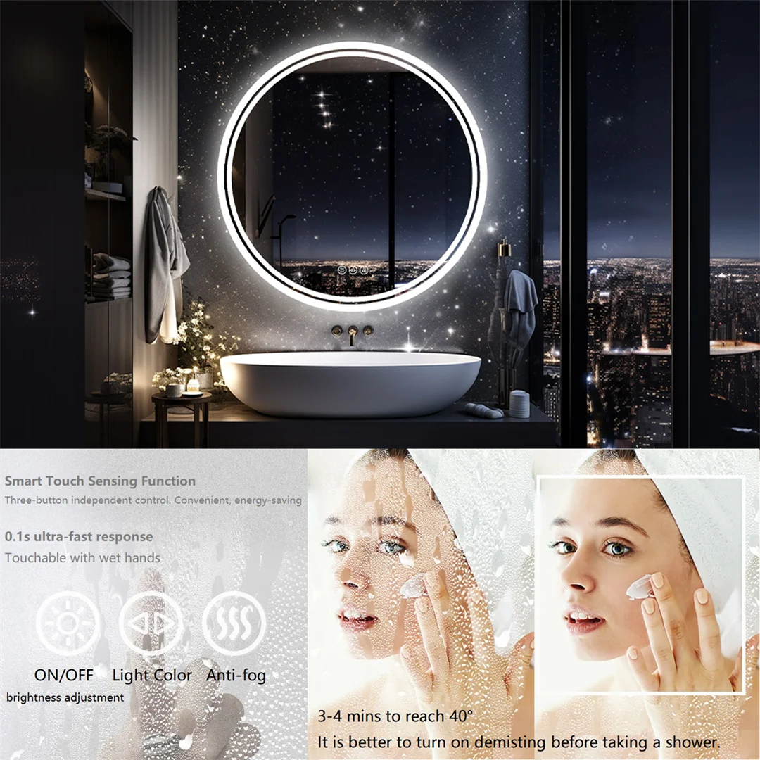 LUVODI Smart Illuminate Large Round Mirror for Bathroom Touch Screen Dimmable Anti-fog Bathroom LED Light Mirror