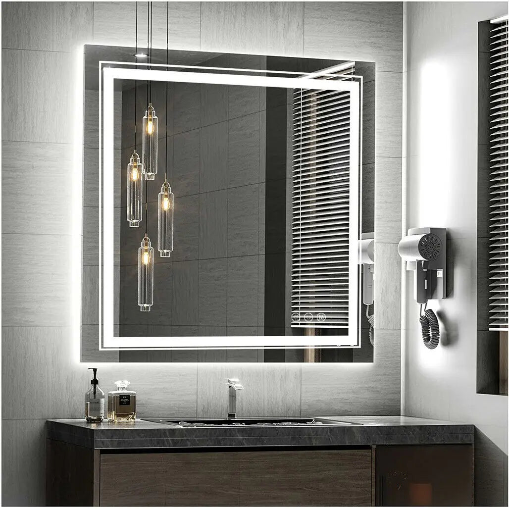 LUVODI Square Illuminated Wall Bathroom Mirror with LED Lights Dimmable Defog Mirror on Sink