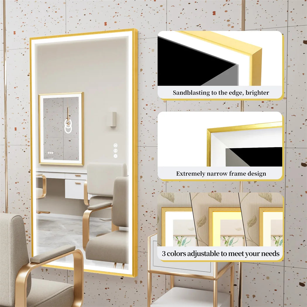 LUVODI Illuminated Bathroom Mirror Gold Frame Wall Mounted Bathroom Vanity Mirror with LED Lights 3 Color Dimming Defog