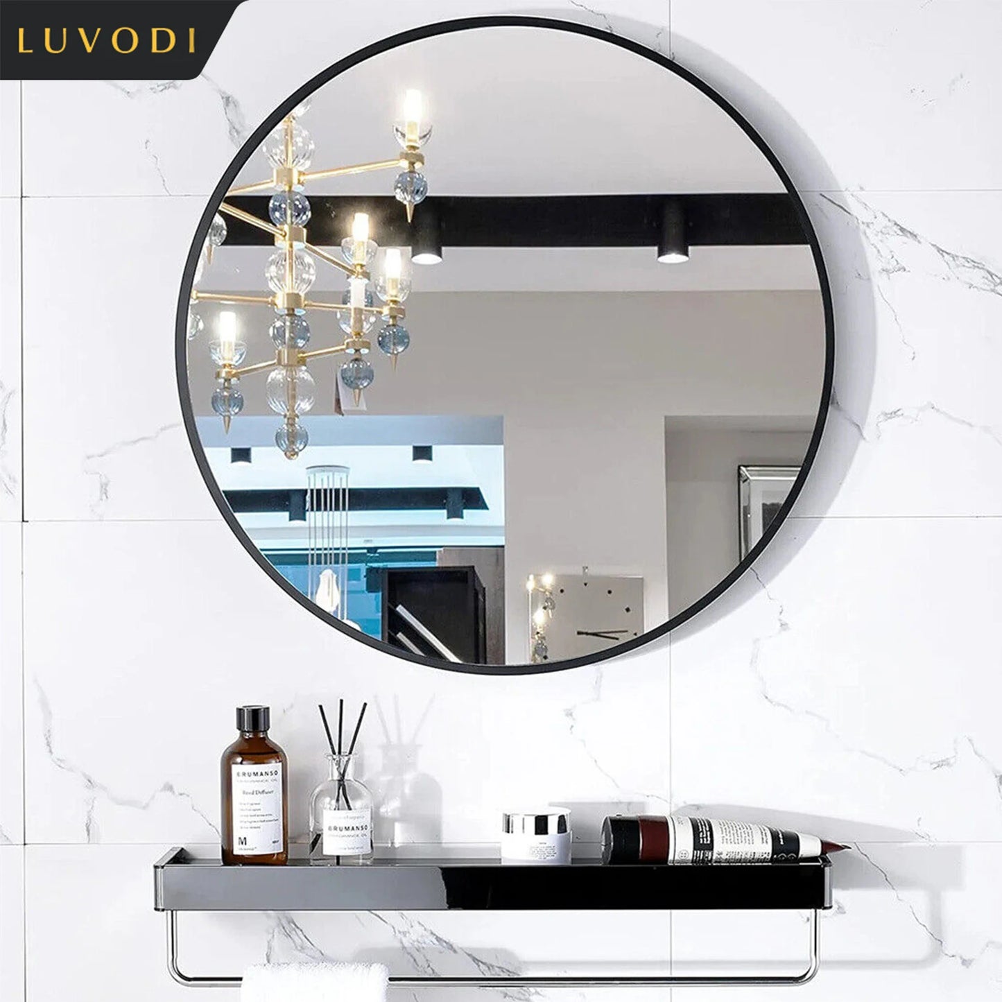 LUVODI Round Metal Framed Mirror for Living Room Decorative Modern Black Wall-mounted Vanity Dressing Mirror