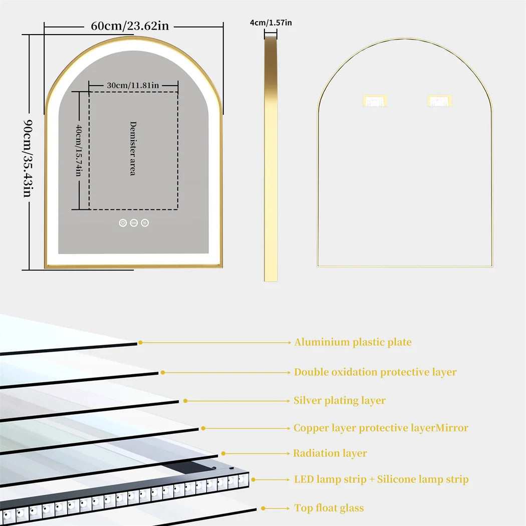 LUVODI High-end Bathroom Mirror with LED Lights Arch Framed Washroom Toilet Wall Dressing Makeup Mirror with Demister