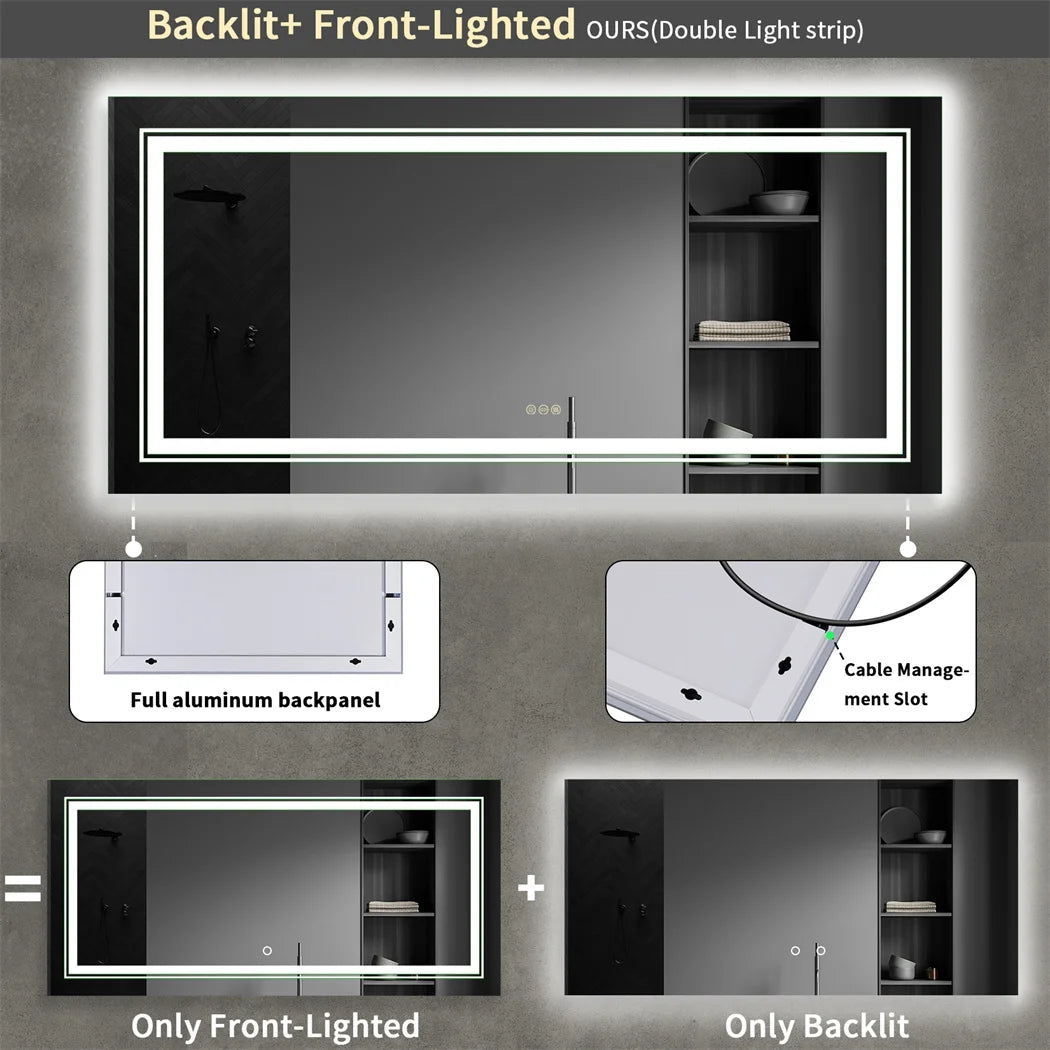 LUVODI Illuminate Large Mirror Bathroom Double Sink Mirror Full Length Dressing Salon Mirror with 3 Color Lights