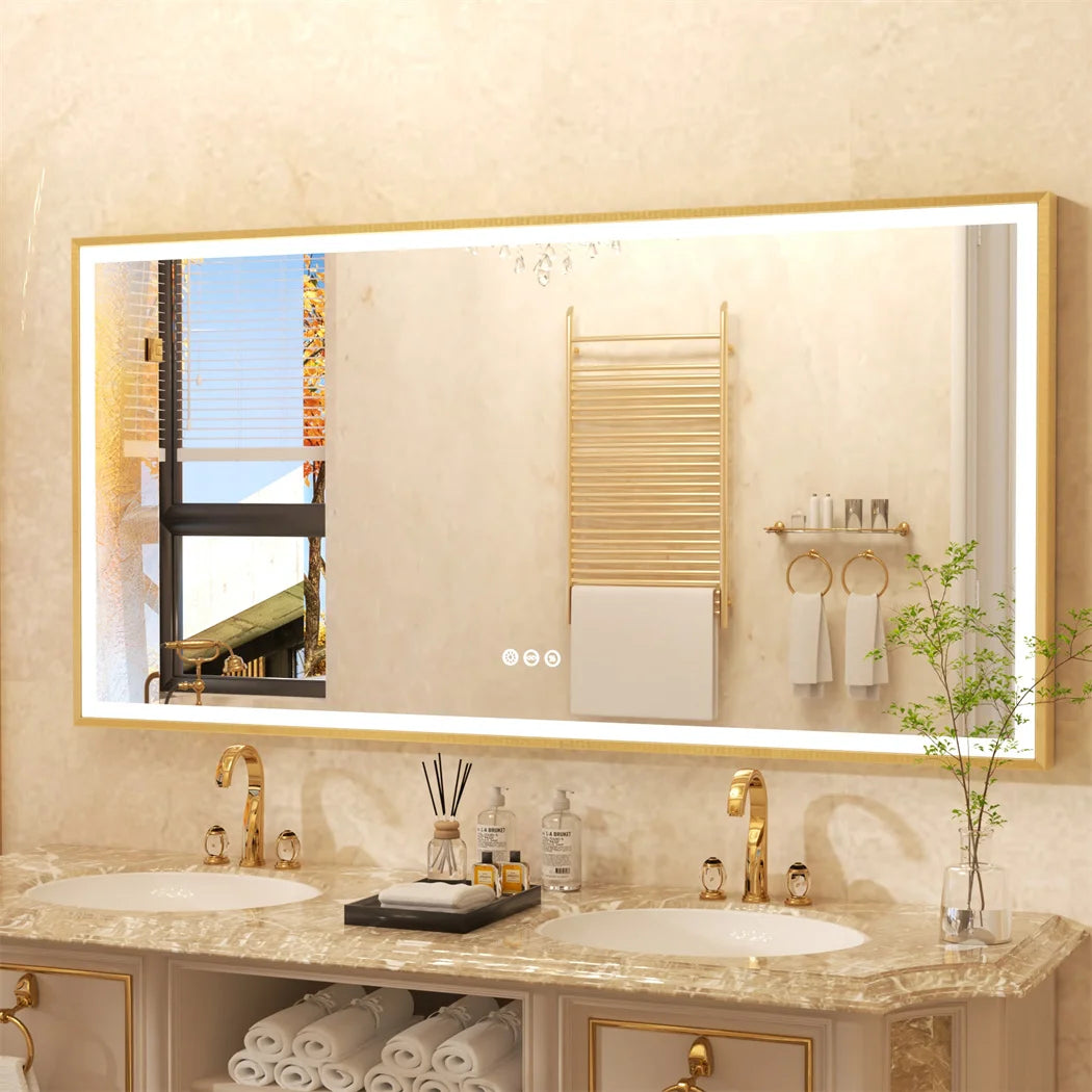 LUVODI Illuminated Bathroom Mirror Gold Frame Wall Mounted Bathroom Vanity Mirror with LED Lights 3 Color Dimming Defog