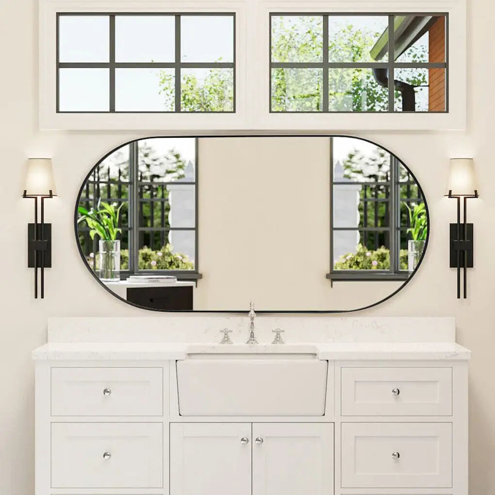 LUVODI Modern Black Metal Framed Dressing Mirror Oval Bathroom Vanity Mirror for Wall