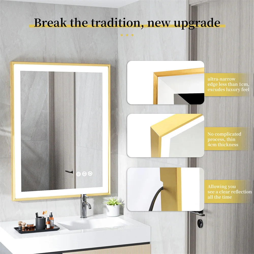 LUVODI Illuminated Bathroom Mirror Gold Frame Wall Mounted Bathroom Vanity Mirror with LED Lights 3 Color Dimming Defog