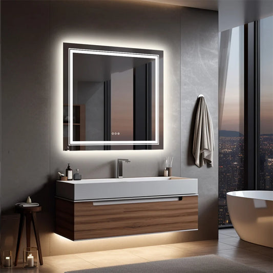 LUVODI Square Illuminated Wall Bathroom Mirror with LED Lights Dimmable Defog Mirror on Sink