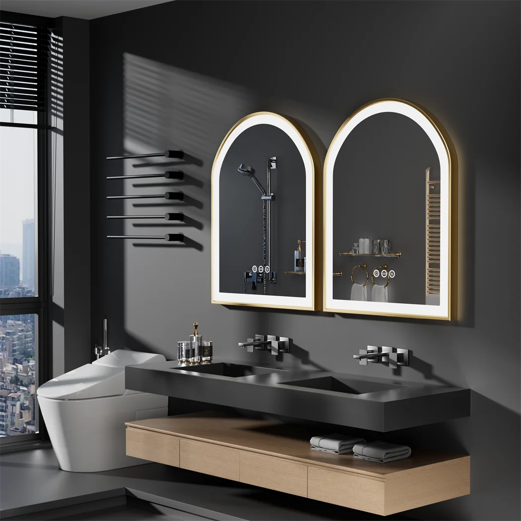 LUVODI High-end Bathroom Mirror with LED Lights Arch Framed Washroom Toilet Wall Dressing Makeup Mirror with Demister