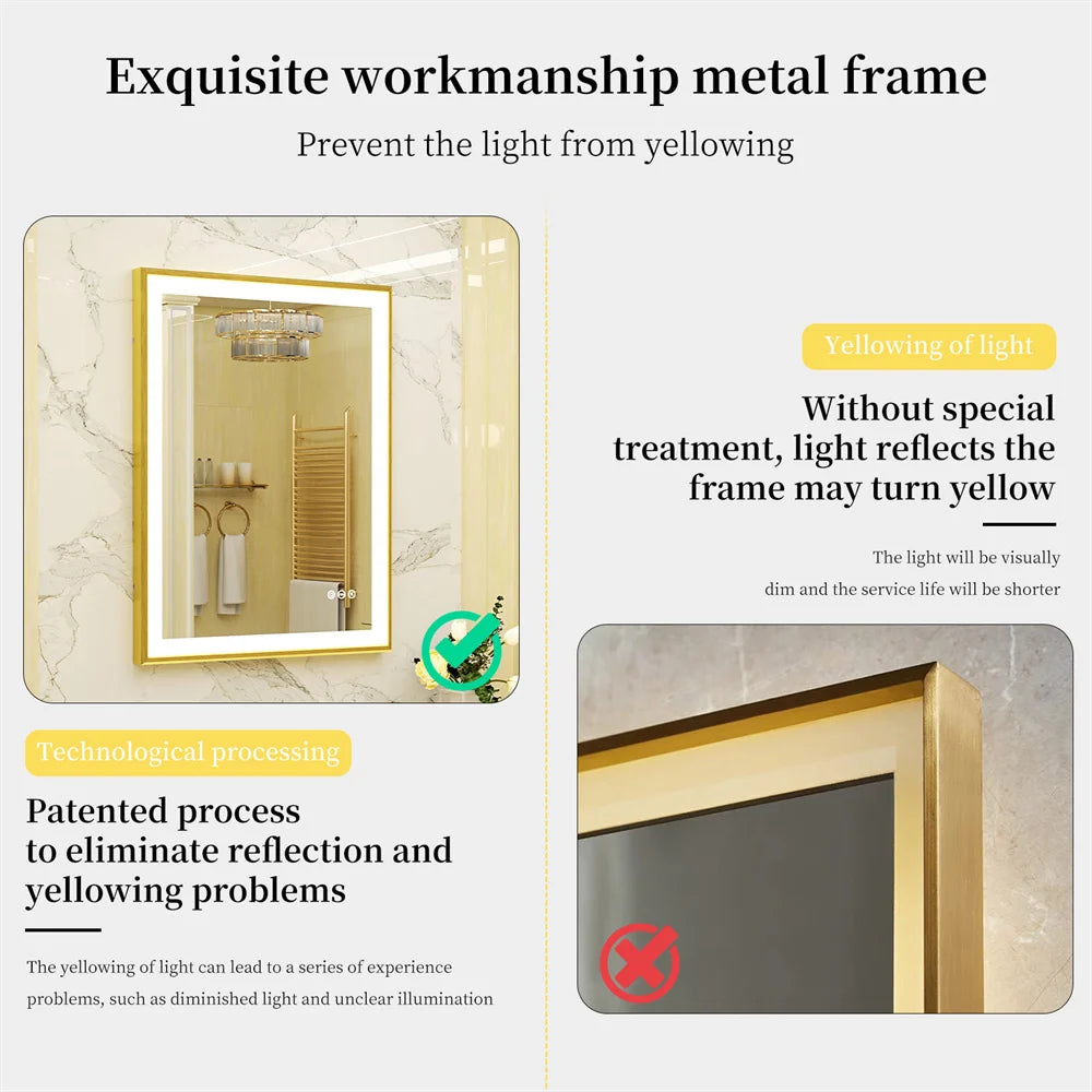 LUVODI Illuminated Bathroom Mirror Gold Frame Wall Mounted Bathroom Vanity Mirror with LED Lights 3 Color Dimming Defog