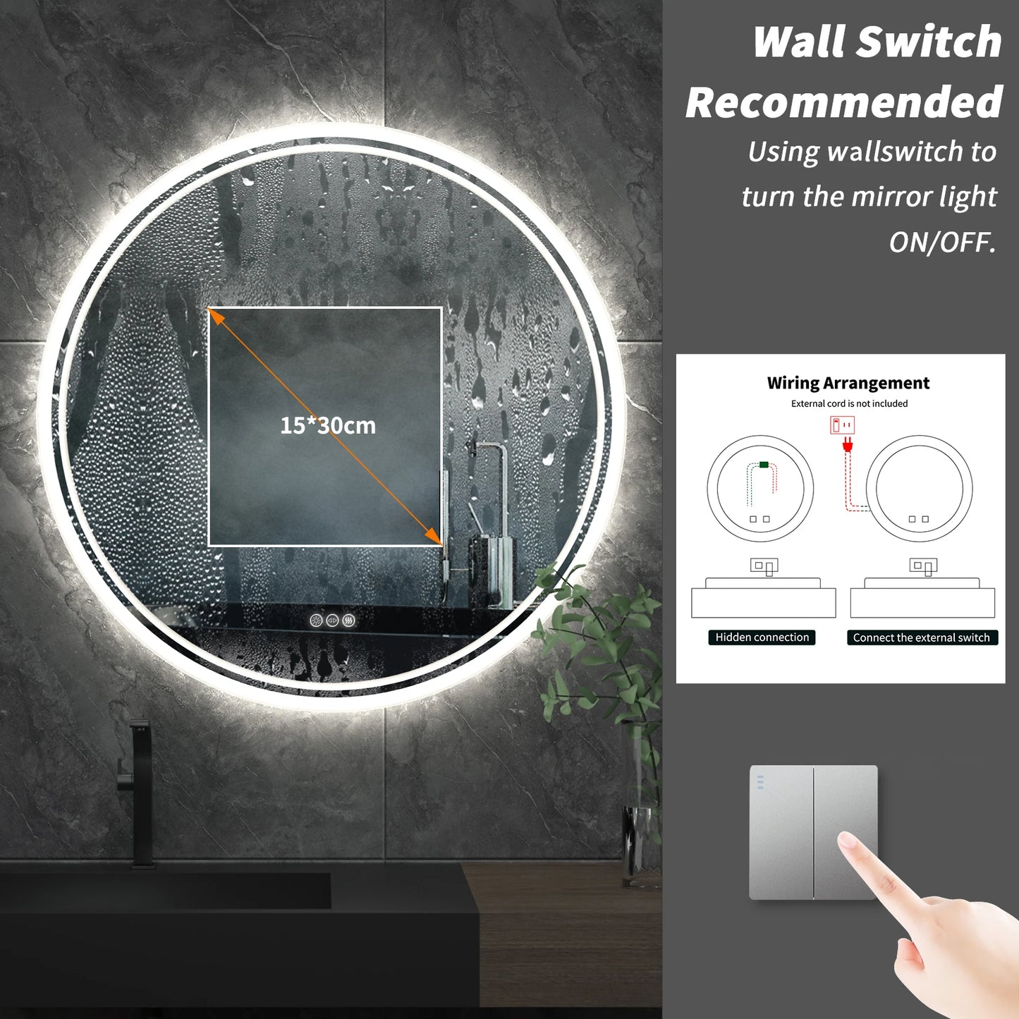 LUVODI Intelligent Illuminate Big Round Mirror for Bathroom Touch Screen Dimmable Anti-fog Bathroom LED Light Mirror