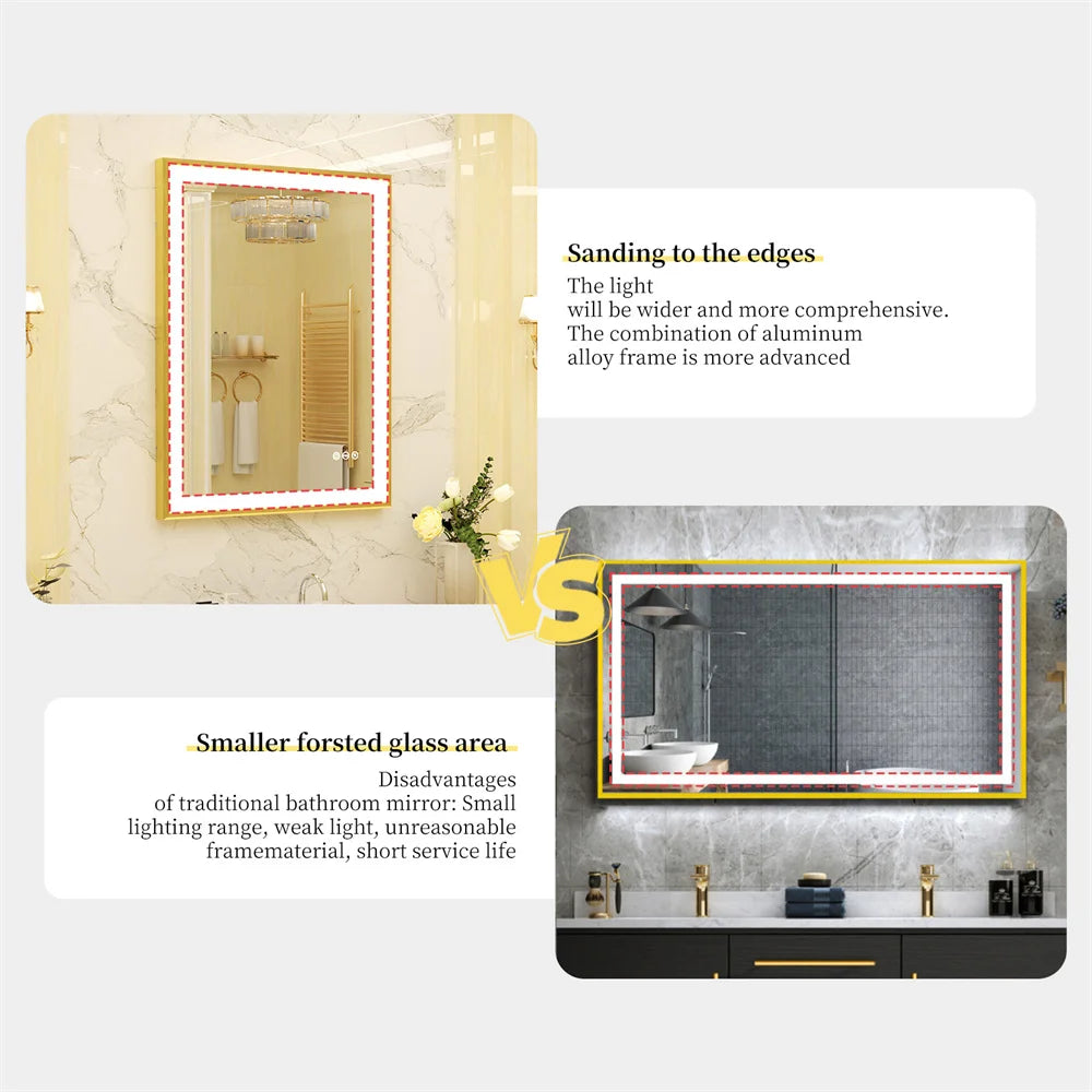 LUVODI Illuminated Bathroom Mirror Gold Frame Wall Mounted Bathroom Vanity Mirror with LED Lights 3 Color Dimming Defog