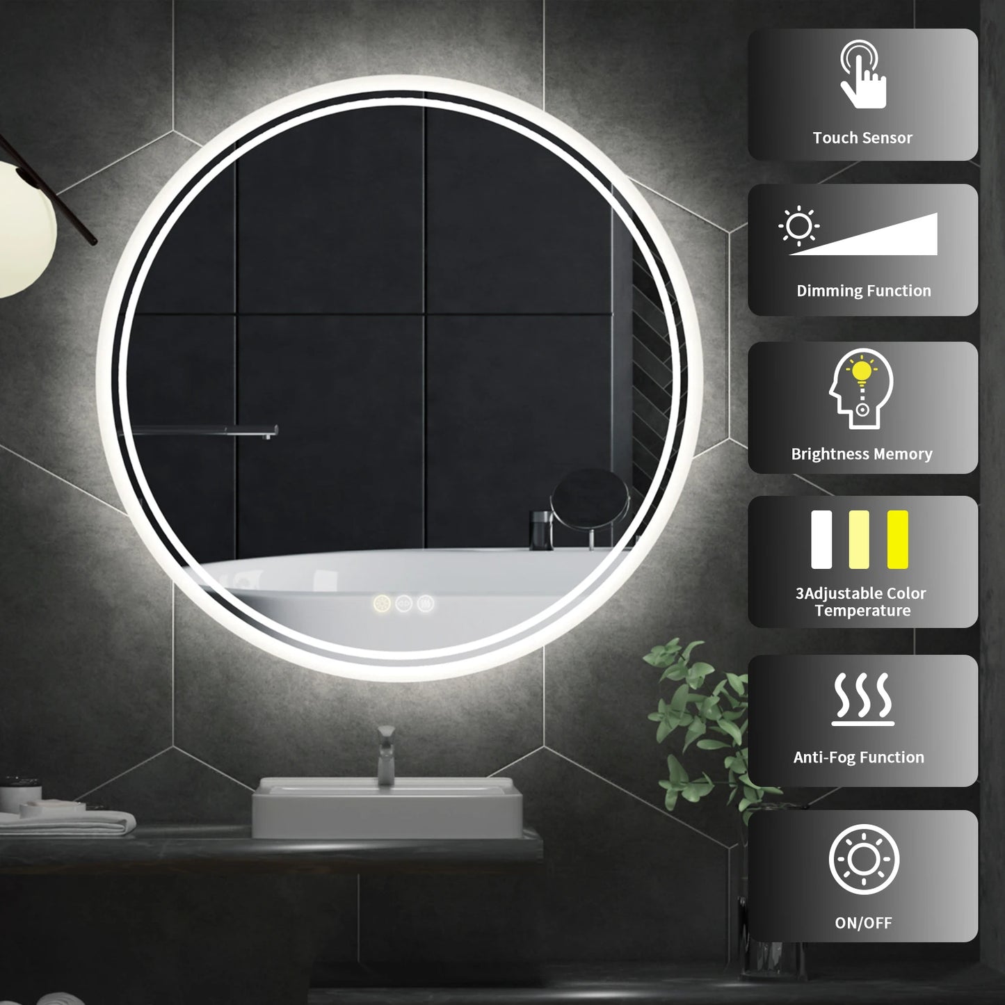 LUVODI Intelligent Illuminate Big Round Mirror for Bathroom Touch Screen Dimmable Anti-fog Bathroom LED Light Mirror