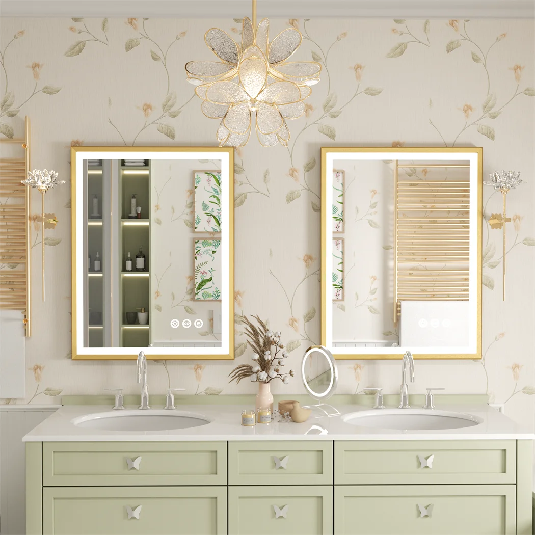 LUVODI Illuminated Bathroom Mirror Gold Frame Wall Mounted Bathroom Vanity Mirror with LED Lights 3 Color Dimming Defog