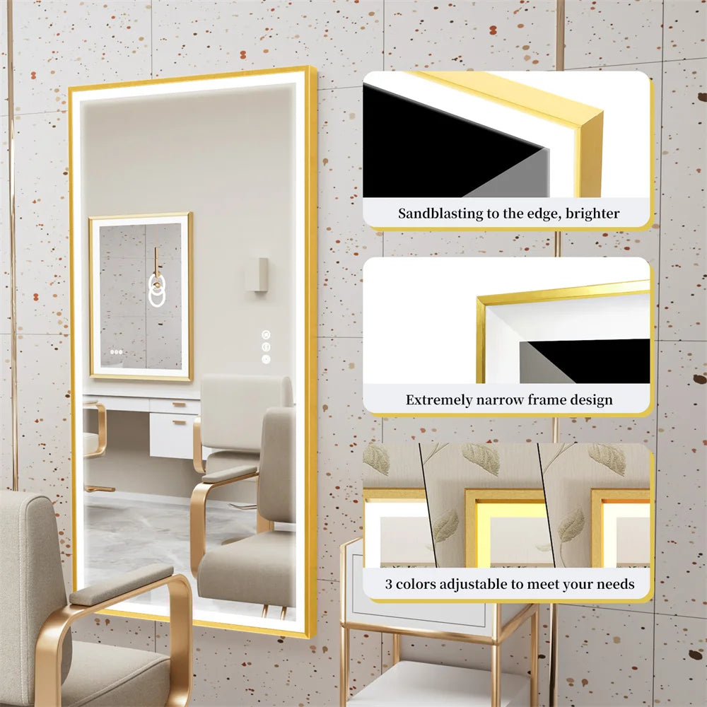 LUVODI Illuminated Bathroom Mirror Gold Frame Wall Mounted Bathroom Vanity Mirror with LED Lights 3 Color Dimming Defog