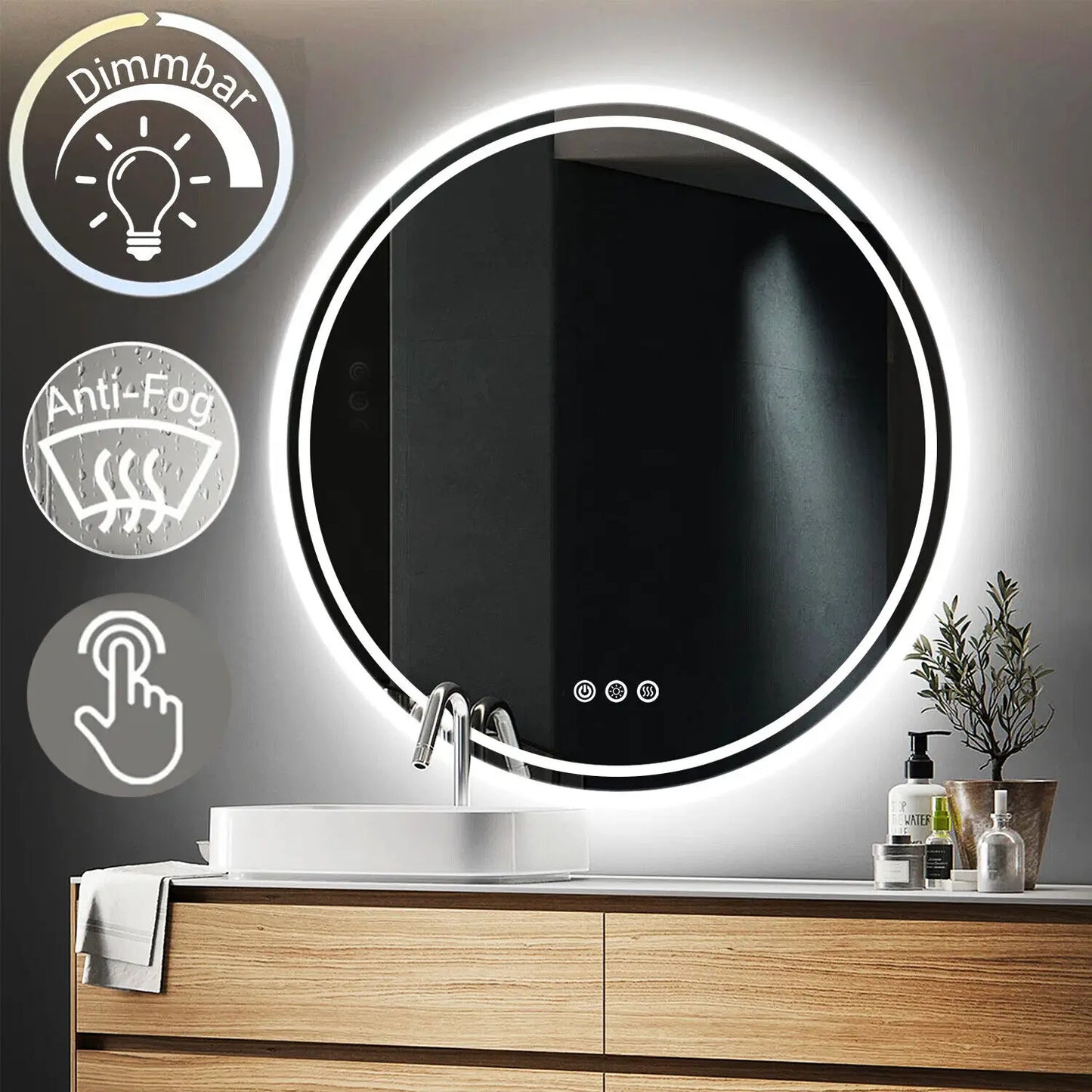 LUVODI Smart Illuminate Large Round Mirror for Bathroom Touch Screen Dimmable Anti-fog Bathroom LED Light Mirror