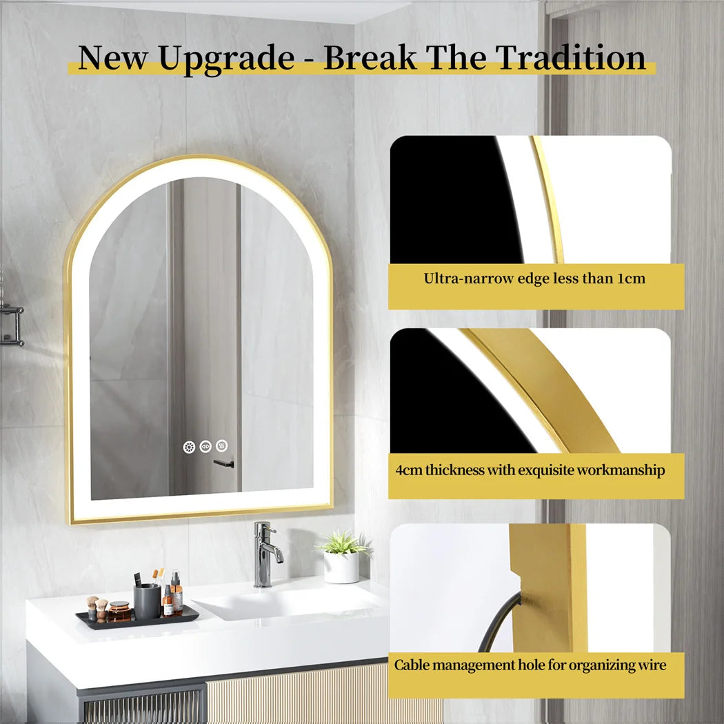 LUVODI High-end Bathroom Mirror with LED Lights Arch Framed Washroom Toilet Wall Dressing Makeup Mirror with Demister