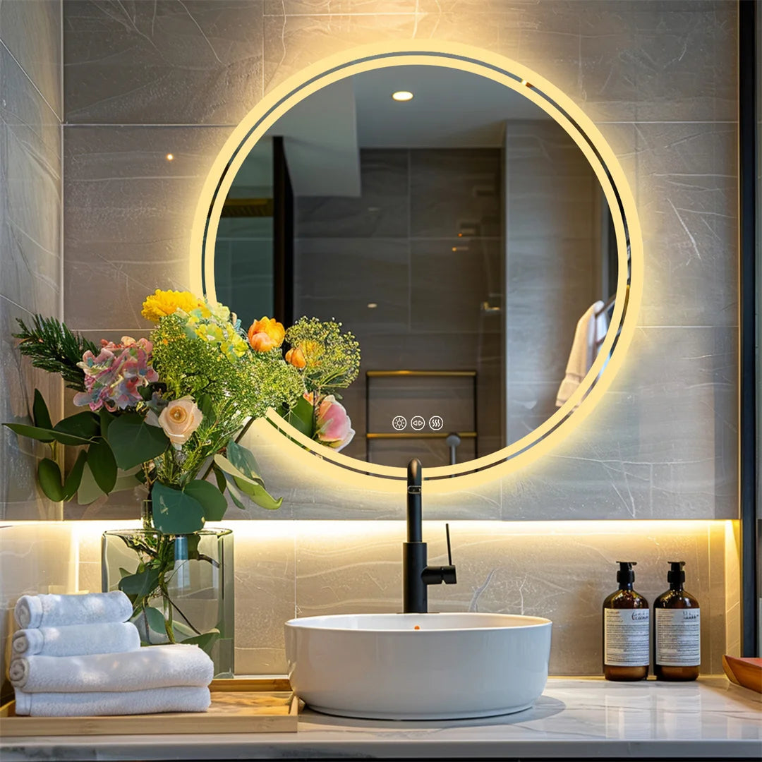 LUVODI Smart Illuminate Large Round Mirror for Bathroom Touch Screen Dimmable Anti-fog Bathroom LED Light Mirror