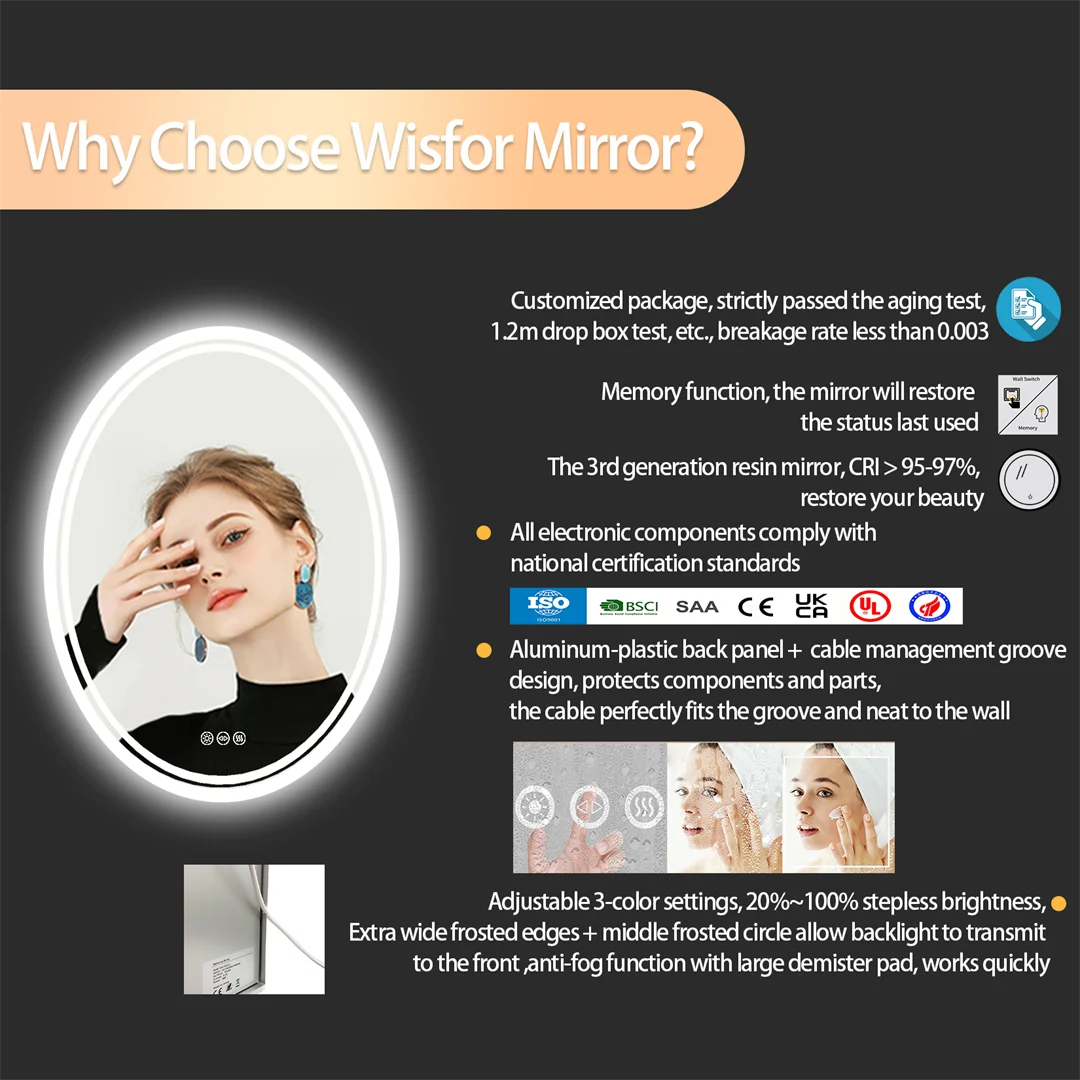 LUVODI Luxury Oval Bathroom LED Mirror Backlit LED Bathroom Wall Mirror with Demister for Home Hotel Salon Beauty Decorative