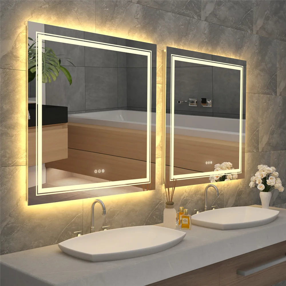 LUVODI Square Illuminated Wall Bathroom Mirror with LED Lights Dimmable Defog Mirror on Sink