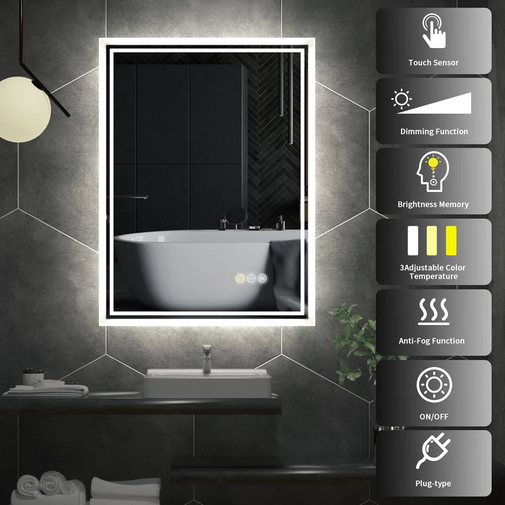 LUVODI 28x36 inch Illuminate Backlit Bathroom Mirror with Light Dimmable Defog Wall-mounted Bath Shower Mirror