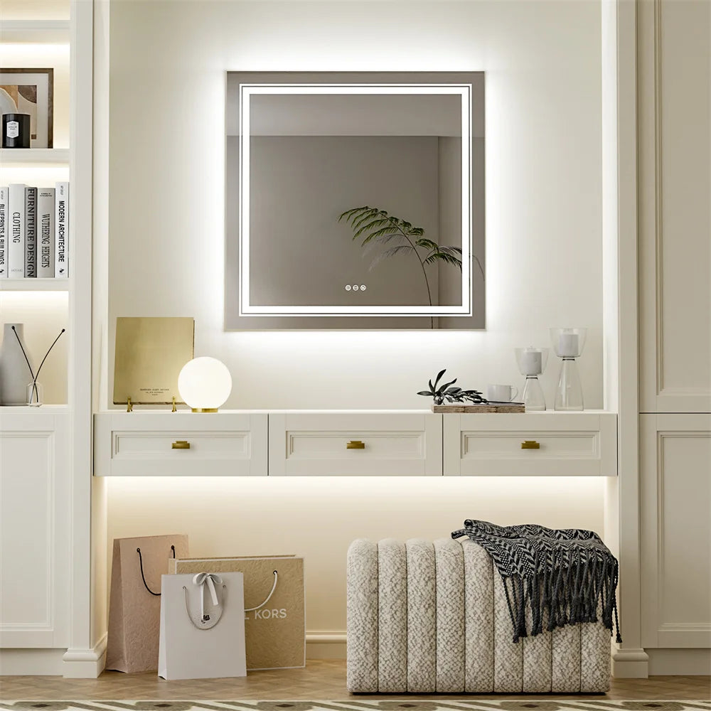 LUVODI Square Illuminated Wall Bathroom Mirror with LED Lights Dimmable Defog Mirror on Sink